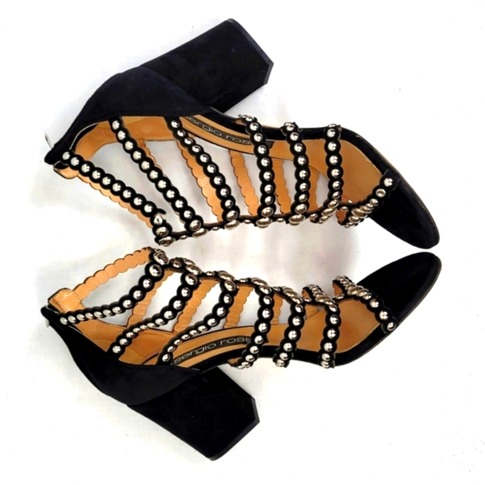 Sergio Rossi Black Strappy Studs Block Heels Sandals size 39 - Picture 9 of 11